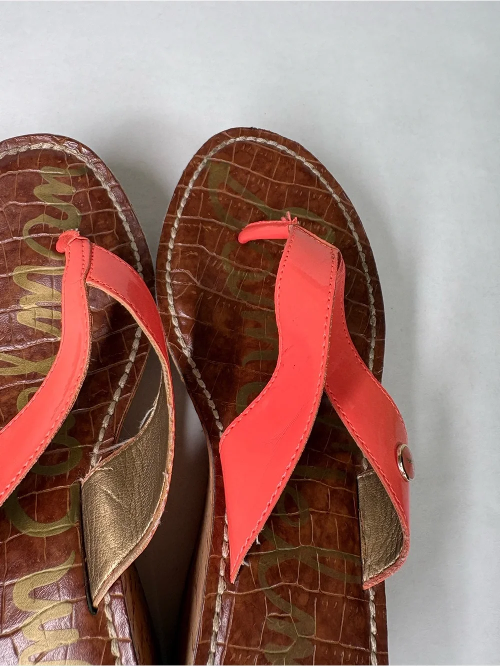Sam Edelman Romy Croc Print Cork Wedge Thong Sandal US 7.5 Coral